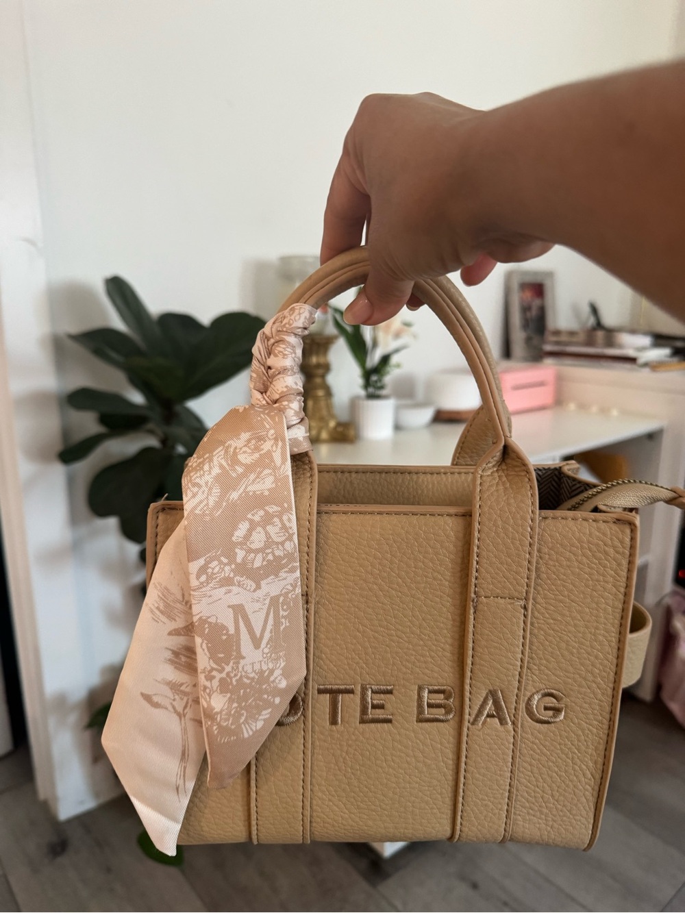 Beige Structured Tote Bag with Scarf Accent